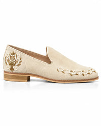 Ivory Pearl & Gold Embellished Suede Loafers