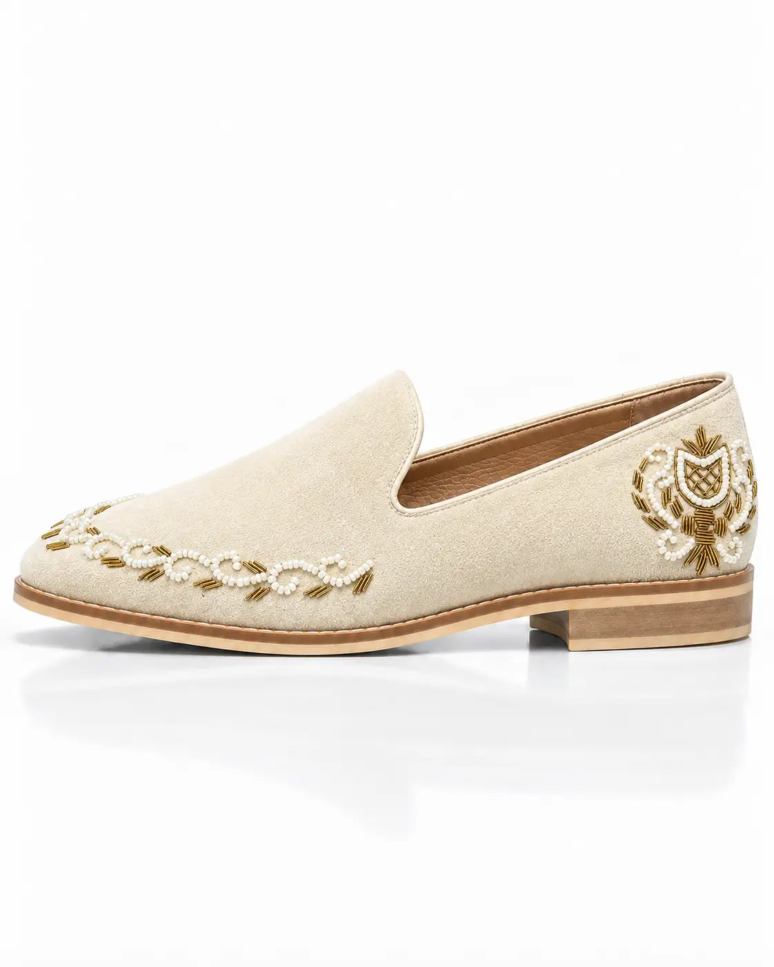 Ivory Pearl & Gold Embellished Suede Loafers