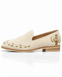 Ivory Pearl & Gold Embellished Suede Loafers