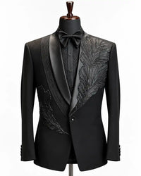 Black Feather Embellished Shawl Collar Tuxedo