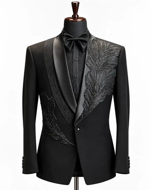 Black Feather Embellished Shawl Collar Tuxedo
