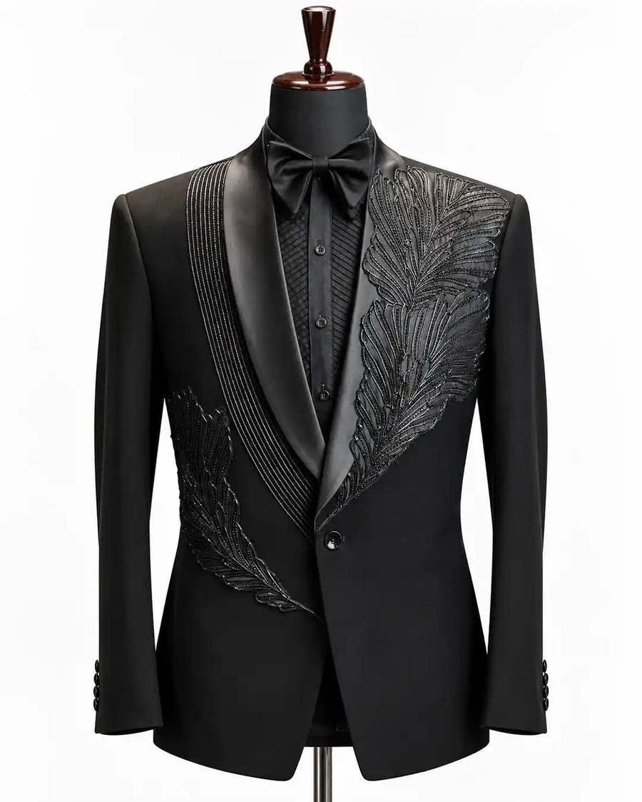 Black Feather Embellished Shawl Collar Tuxedo - Desire by Bharat Ahuja