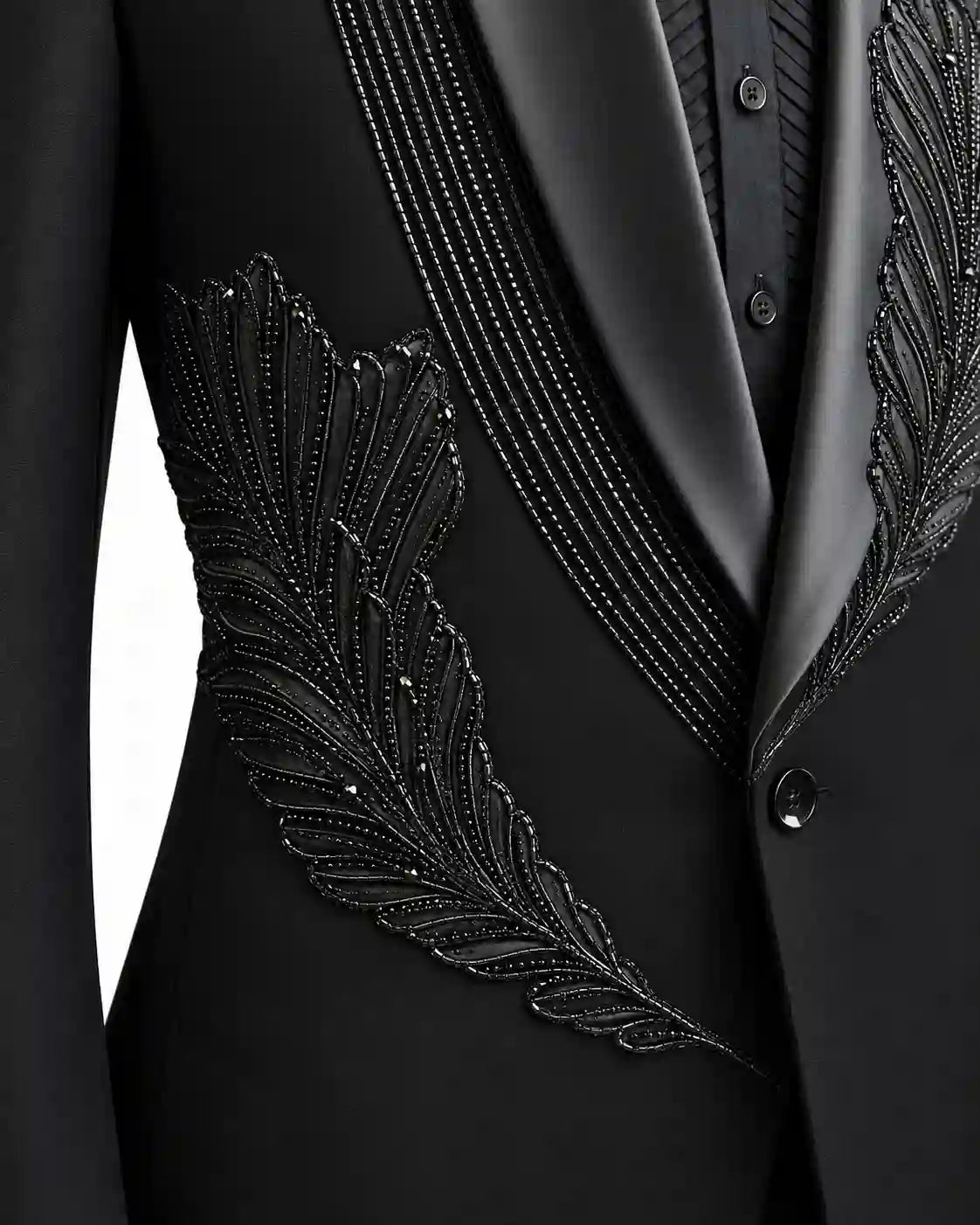 Black Feather Embellished Shawl Collar Tuxedo