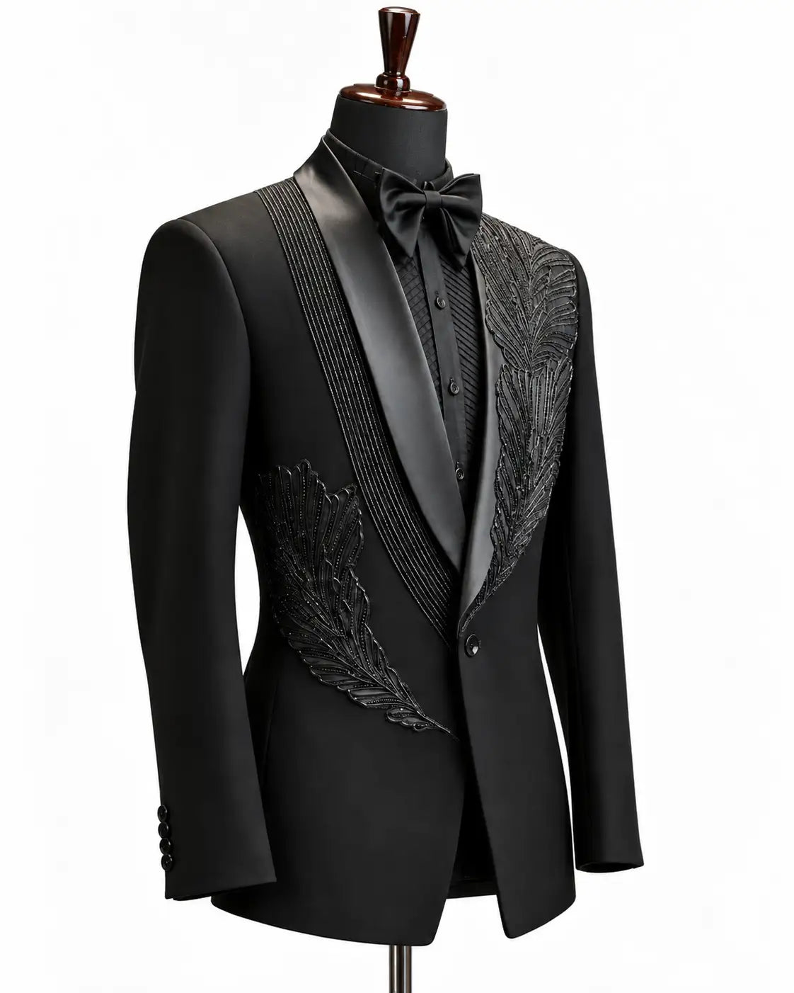 Black Feather Embellished Shawl Collar Tuxedo