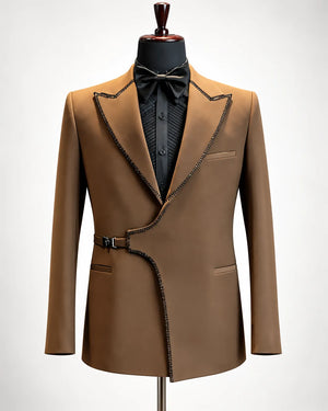 Camel Brown Beaded Edge Asymmetric Tuxedo