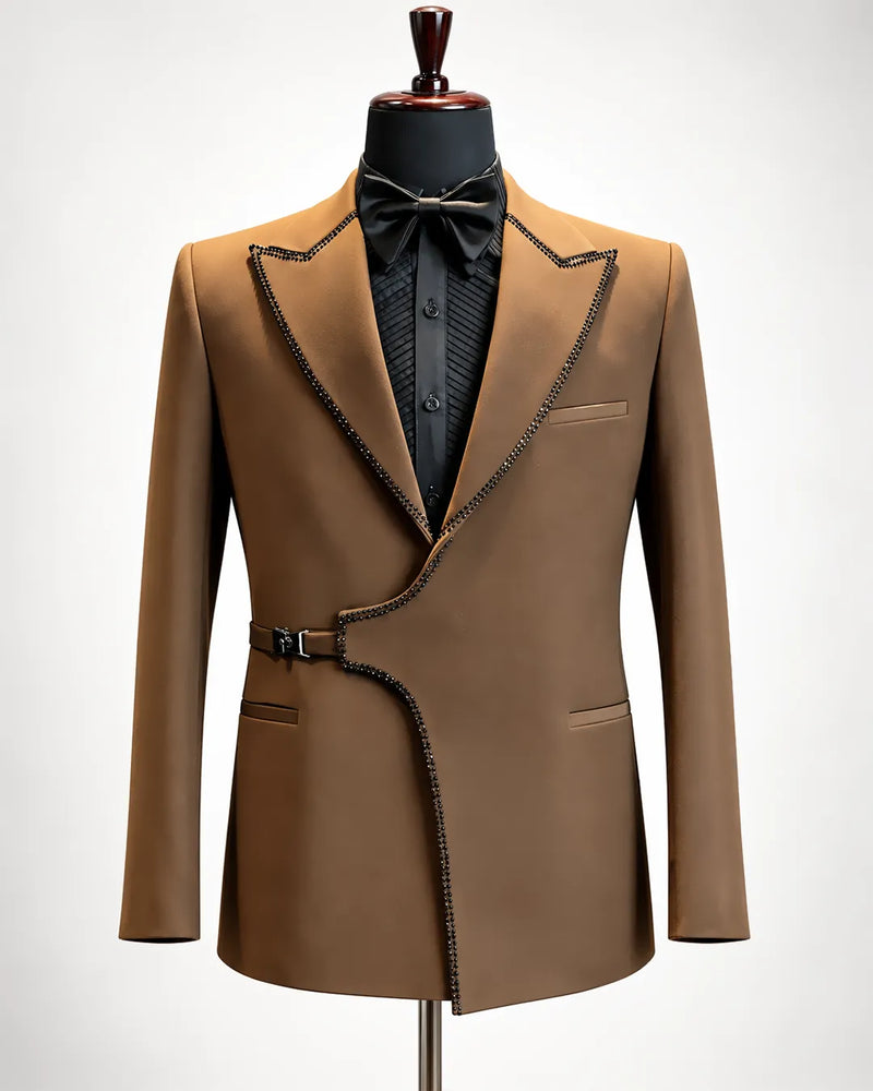 Camel Brown Beaded Edge Asymmetric Tuxedo