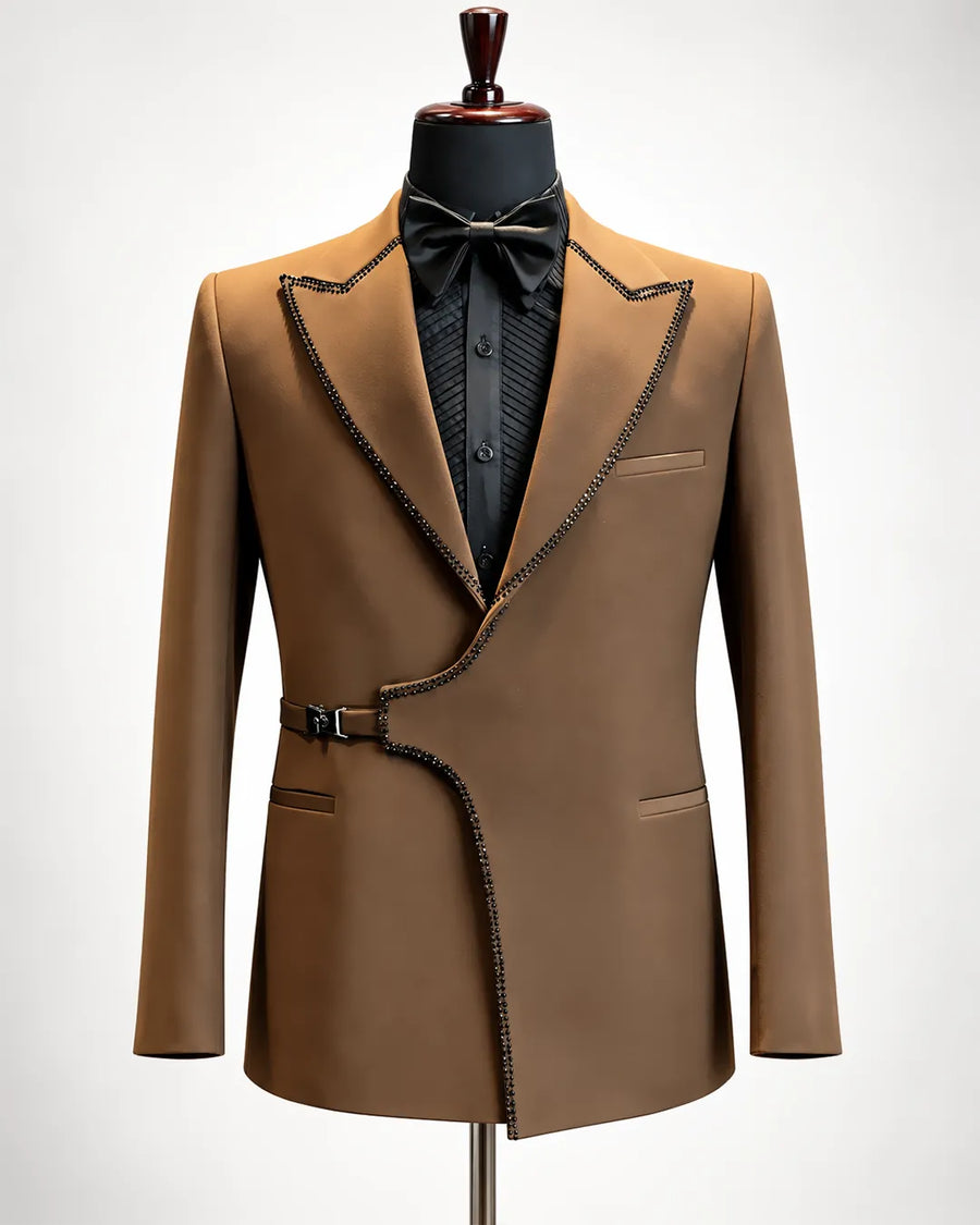Camel Brown Beaded Edge Asymmetric Tuxedo - Desire by Bharat Ahuja