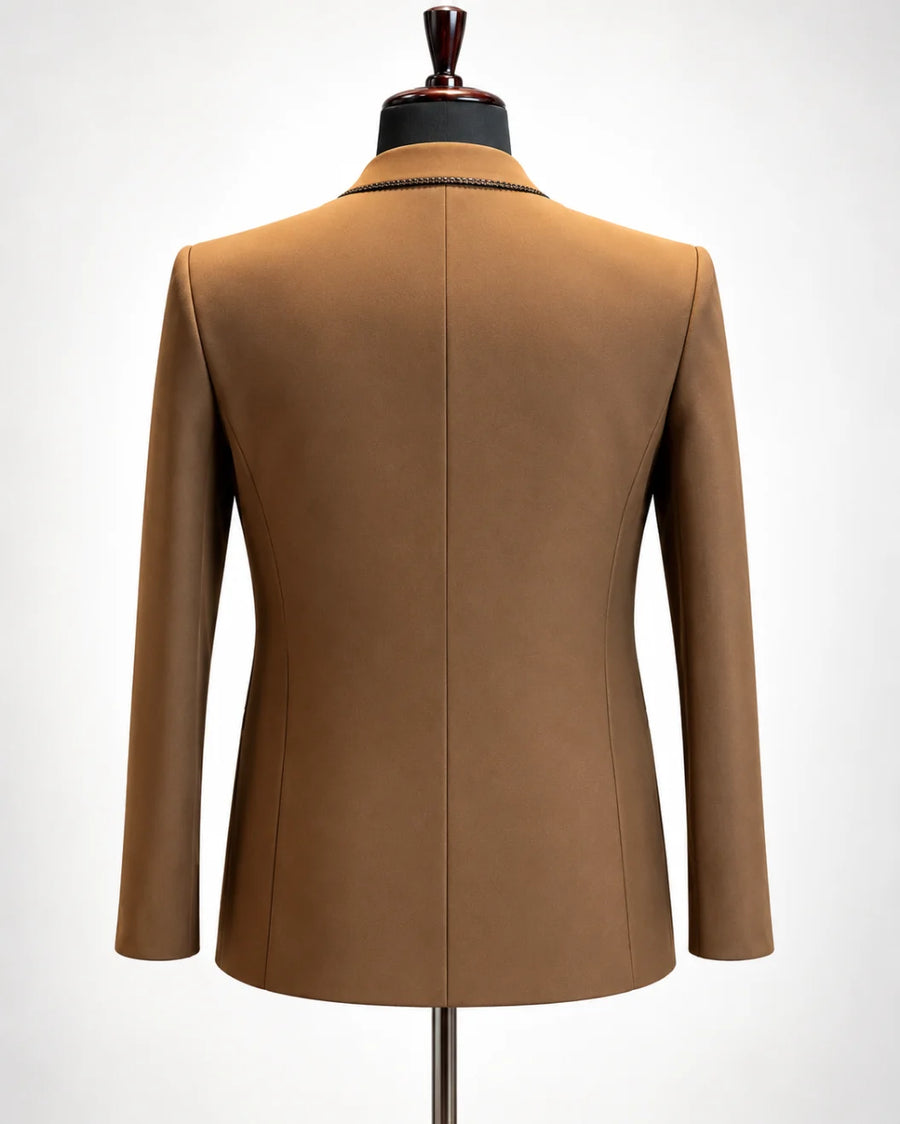 Camel Brown Beaded Edge Asymmetric Tuxedo - Desire by Bharat Ahuja