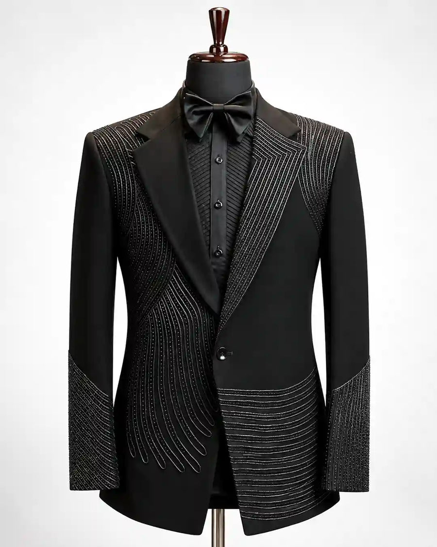 Black Linear Beaded Asymmetric Tuxedo - Desire by Bharat Ahuja