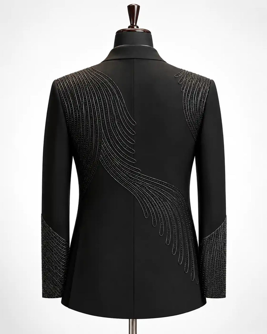 Black Linear Beaded Asymmetric Tuxedo - Desire by Bharat Ahuja