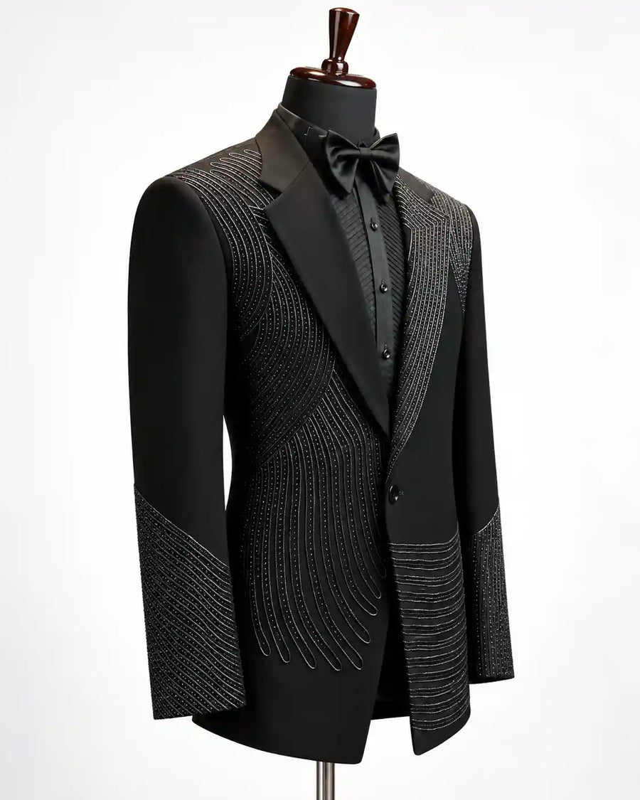 Black Linear Beaded Asymmetric Tuxedo - Desire by Bharat Ahuja