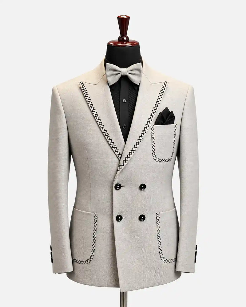 Ivory Double-Breasted Contrast Stitch Tuxedo
