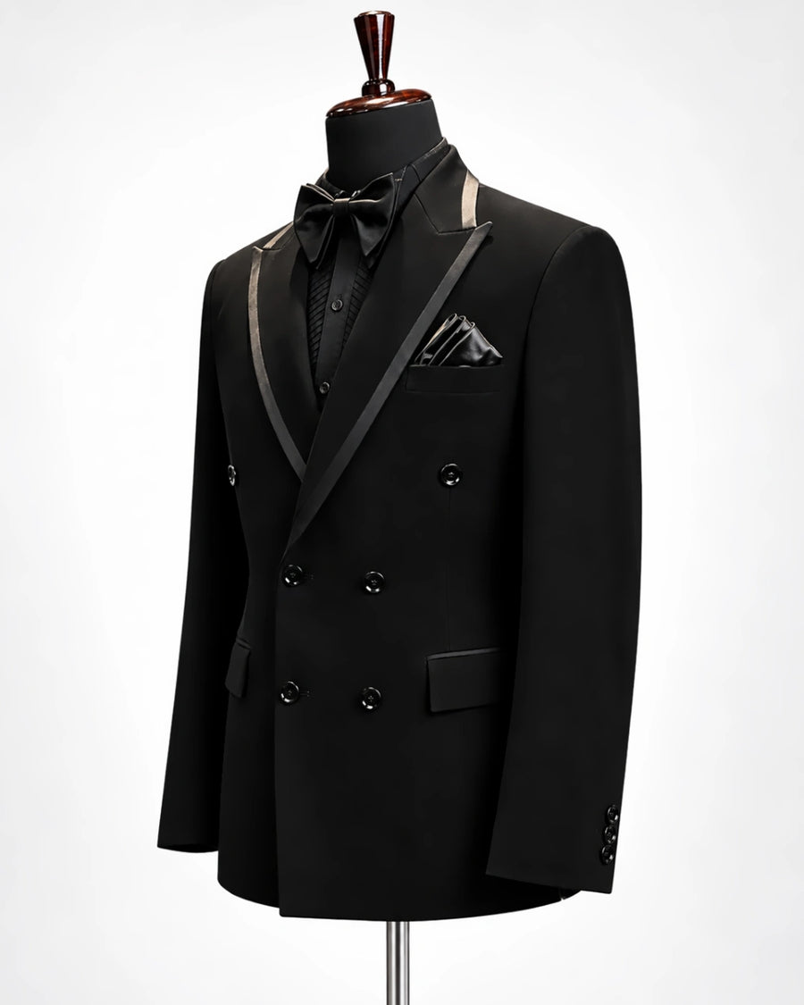 Black Double-Breasted Satin Trim Tuxedo - Desire by Bharat Ahuja