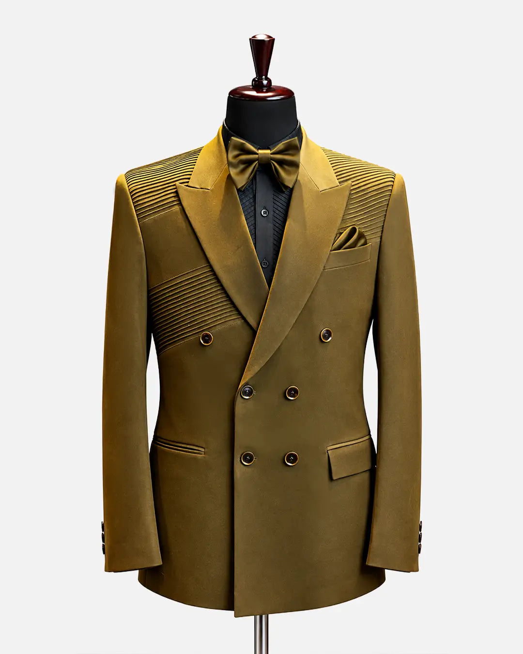 Olive Gold Double-Breasted Pleated Blazer
