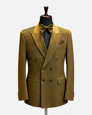Olive Gold Double-Breasted Pleated Blazer