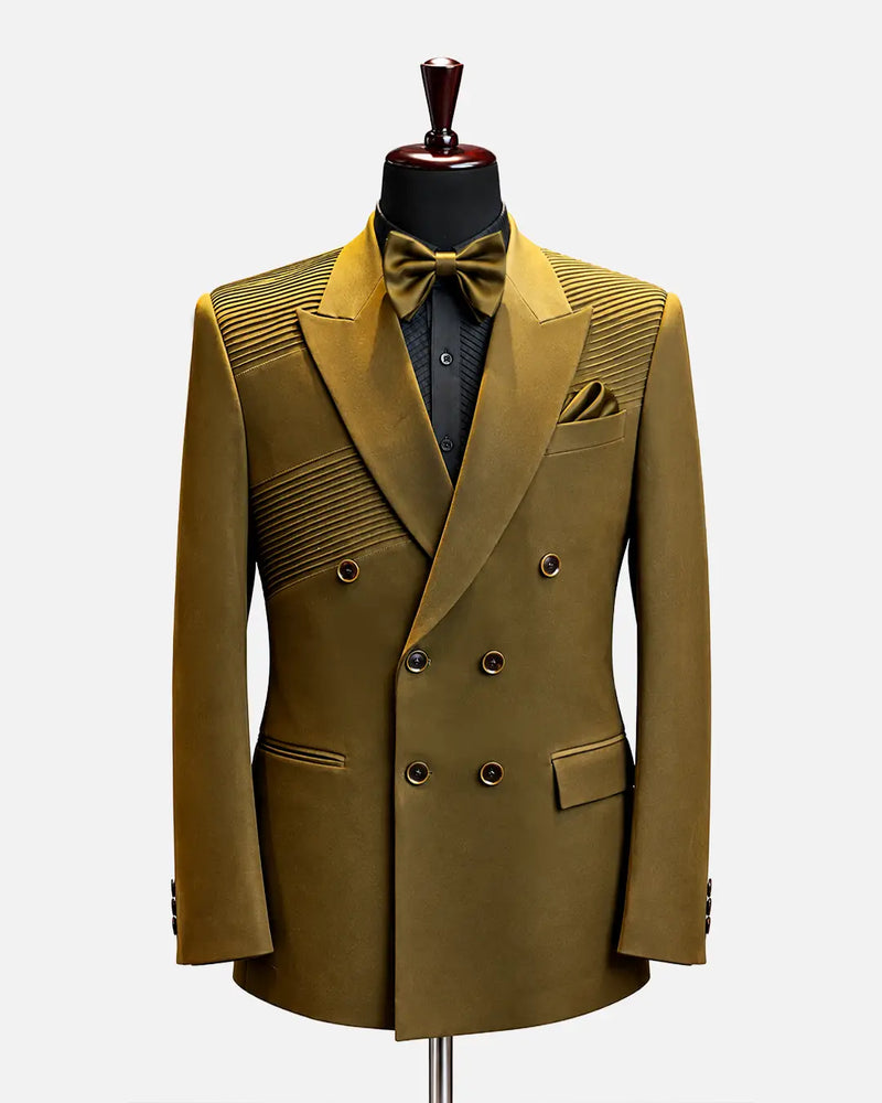 Olive Gold Double-Breasted Pleated Blazer