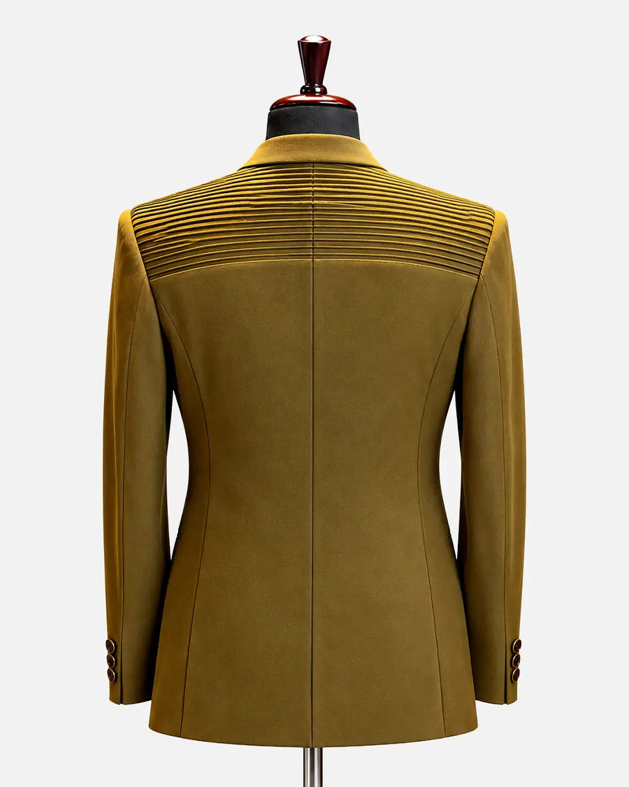 Olive Gold Double-Breasted Pleated Blazer - Desire by Bharat Ahuja