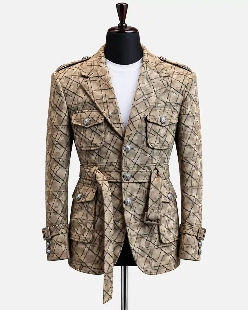Beige Checked Belted Safari Blazer