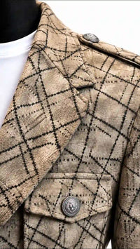Beige Checked Belted Safari Blazer