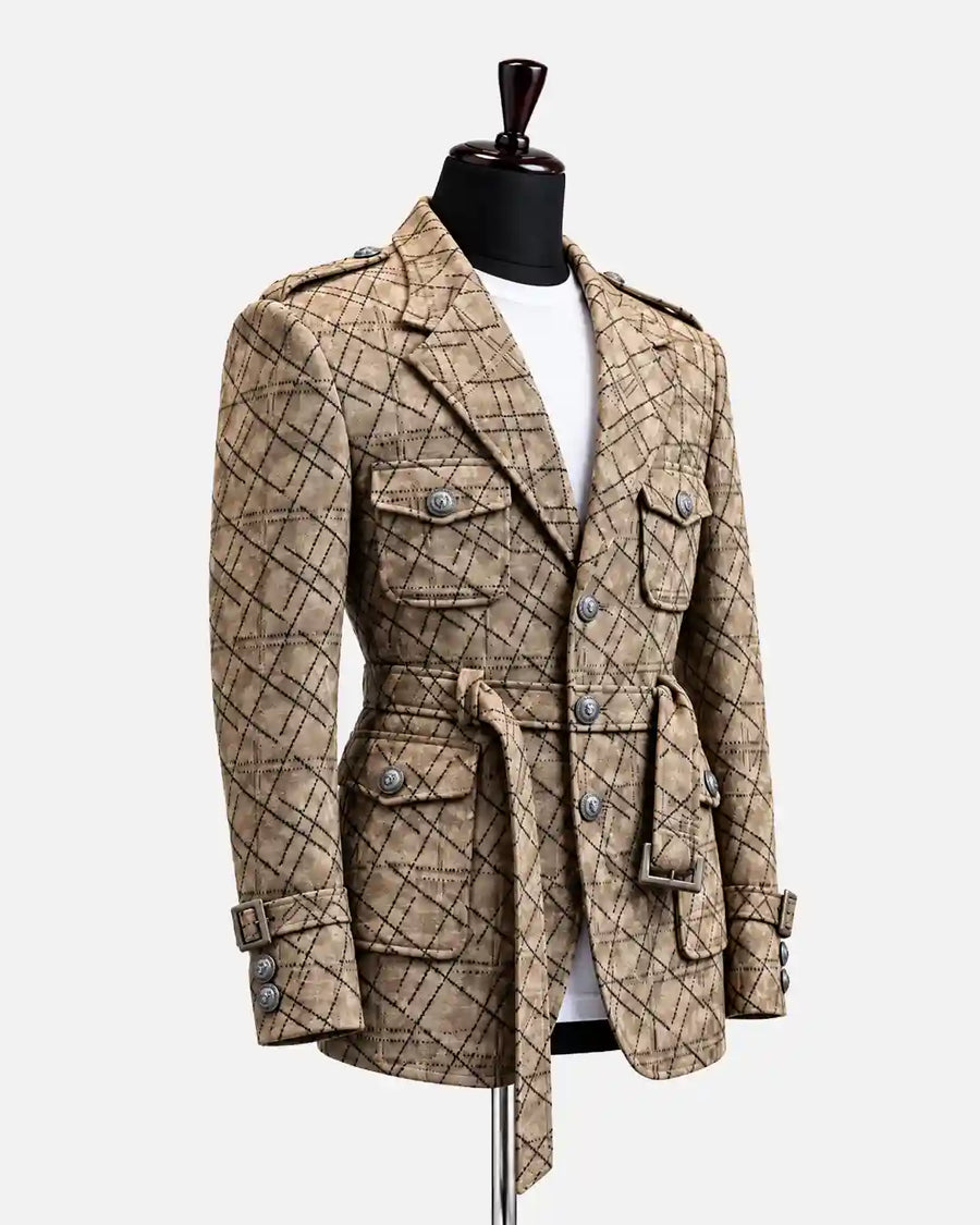 Beige Checked Belted Safari Blazer - Desire by Bharat Ahuja