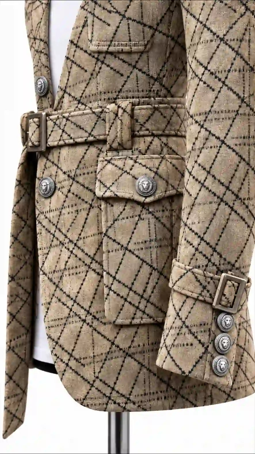 Beige Checked Belted Safari Blazer - Desire by Bharat Ahuja