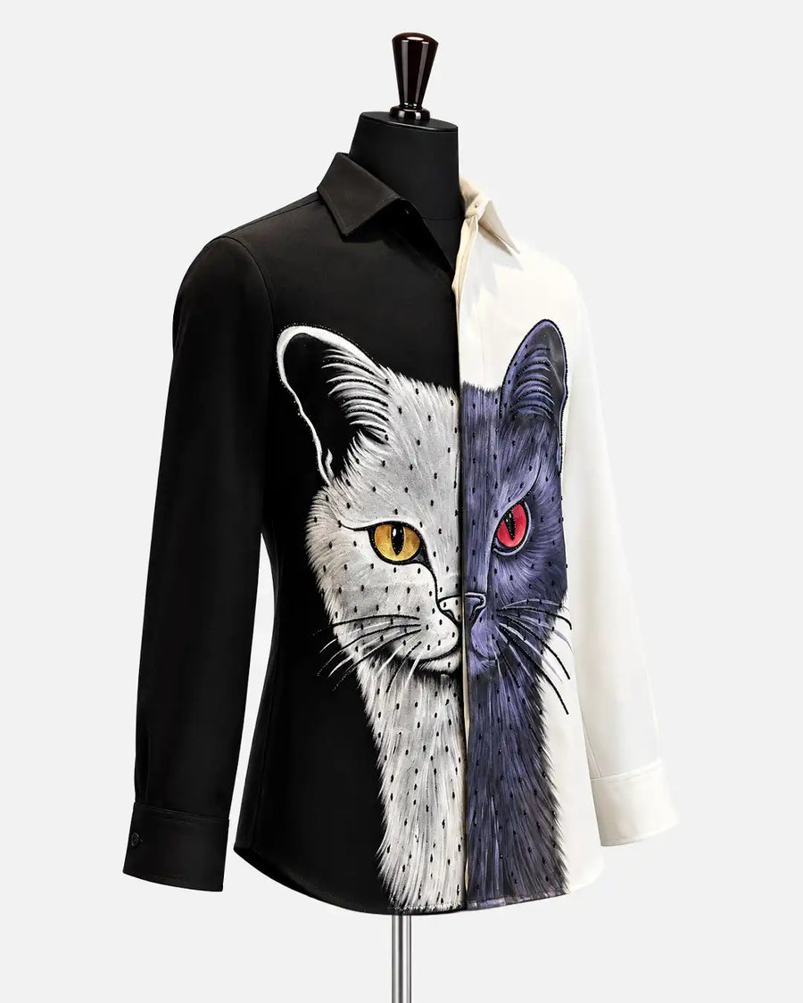Dual-tone cat graphic designer shirt for men, view 2 - Desire by Bharat Ahuja - Desire by Bharat Ahuja
