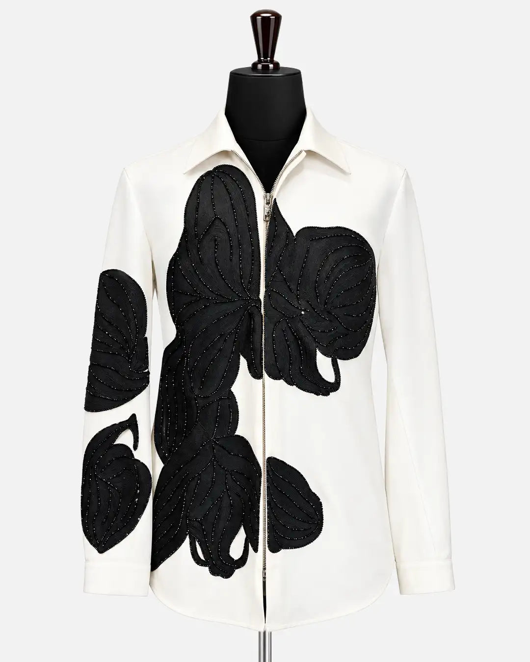 Ivory black floral appliqué zip-up designer shirt for men - Desire by Bharat Ahuja