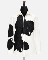 Ivory black floral appliqué zip-up designer shirt for men - Desire by Bharat Ahuja