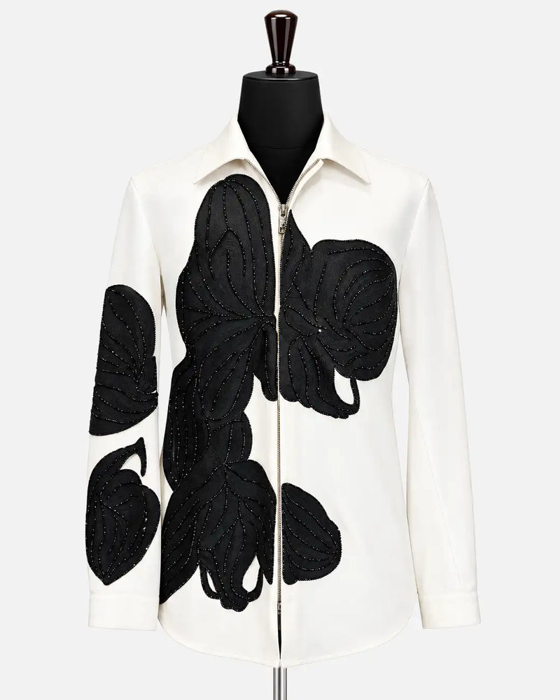 Ivory Black Floral Appliqué Zip-Up Shirt