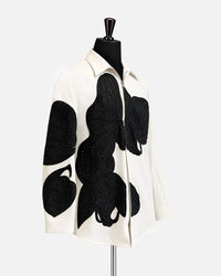 Ivory black floral appliqué zip-up designer shirt for men, view 2 - Desire by Bharat Ahuja