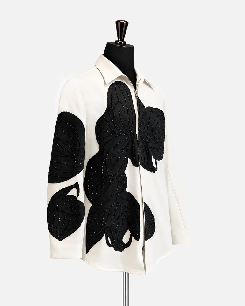 Ivory Black Floral Appliqué Zip-Up Shirt