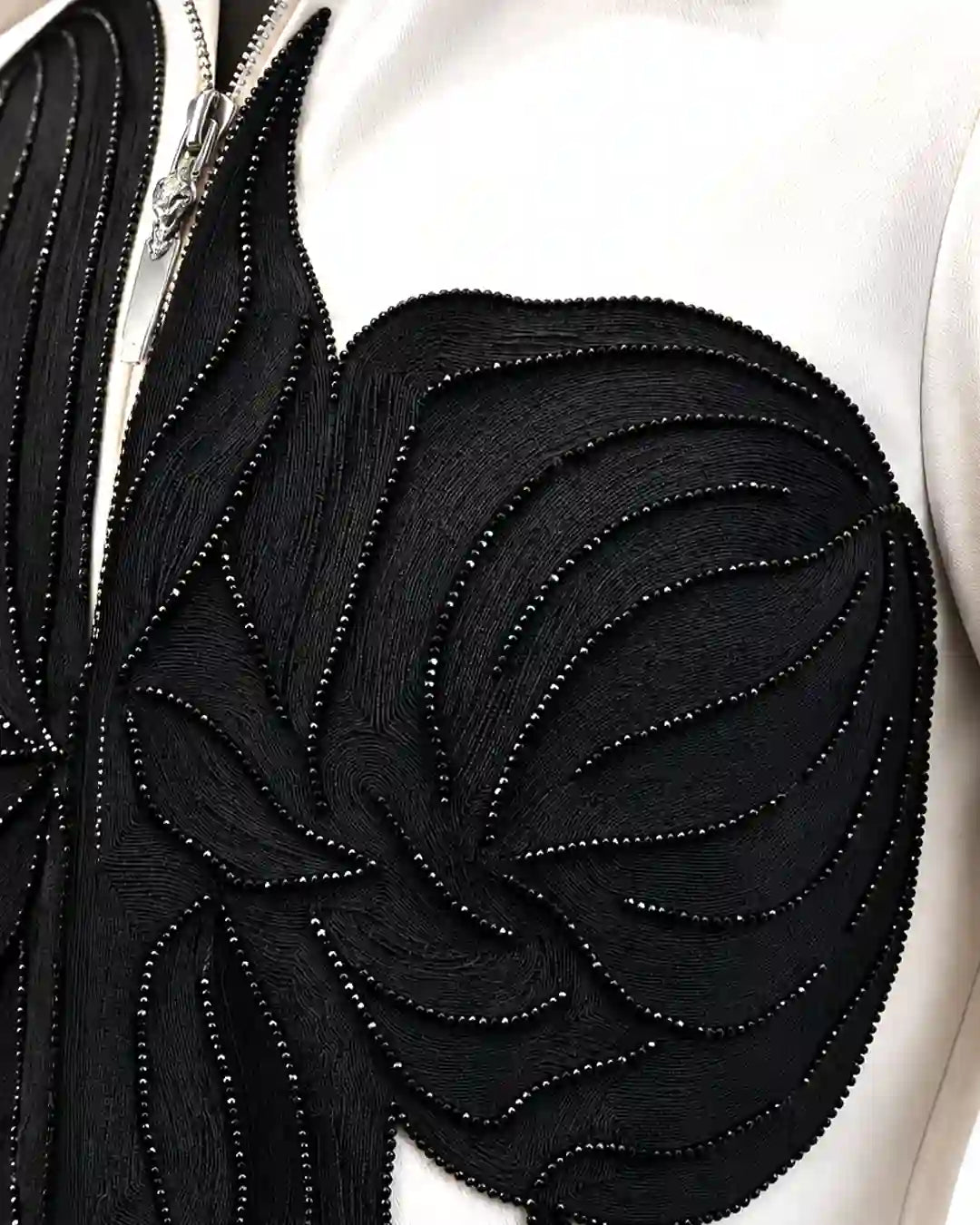Ivory black floral appliqué zip-up designer shirt for men, view 3 - Desire by Bharat Ahuja