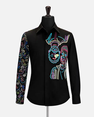 Abstract Face Embroidered Black Shirt Multicolor