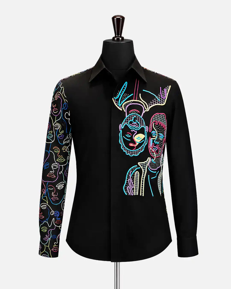 Abstract Face Embroidered Black Shirt Multicolor