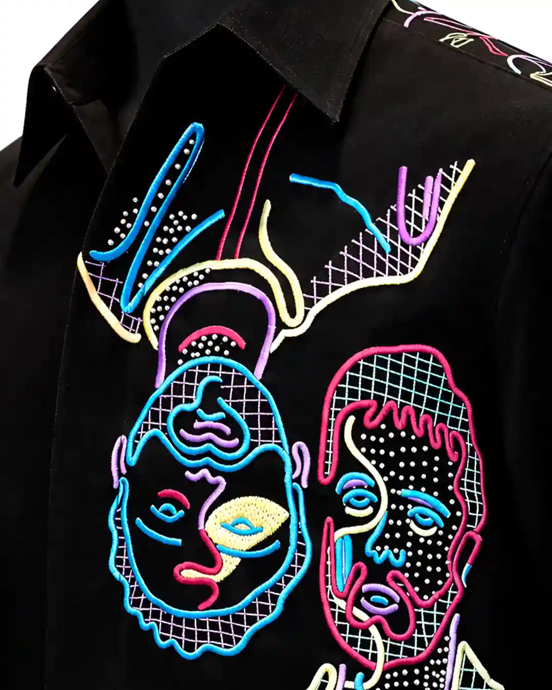 Abstract Face Embroidered Black Shirt Multicolor