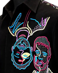 Abstract Face Embroidered Black Shirt Multicolor