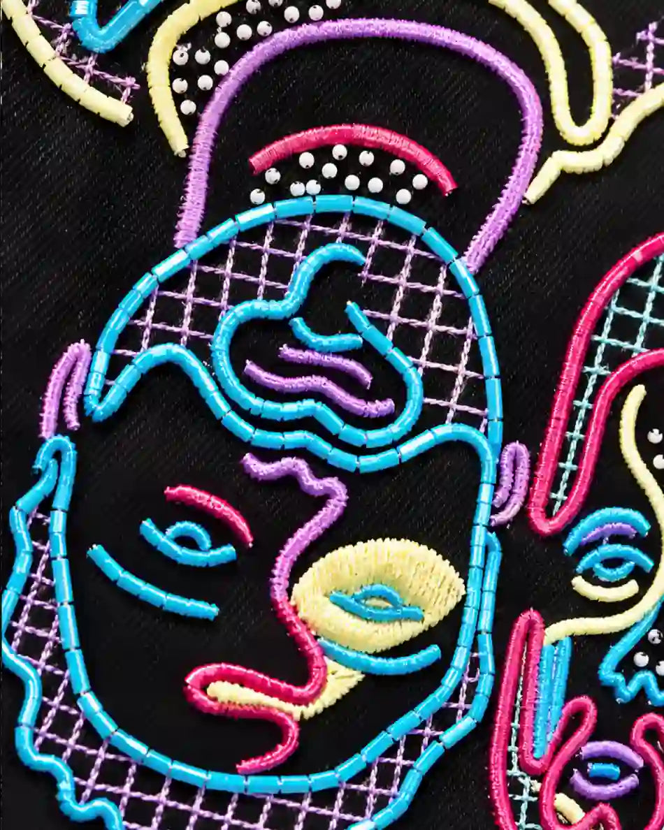 Abstract Face Embroidered Black Shirt Multicolor