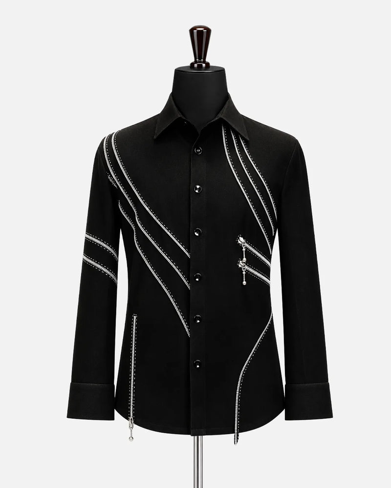 Black Crystal Zip Detail Statement Shirt