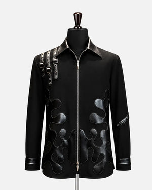 Black Leather Appliqué Buckle Zip Shirt
