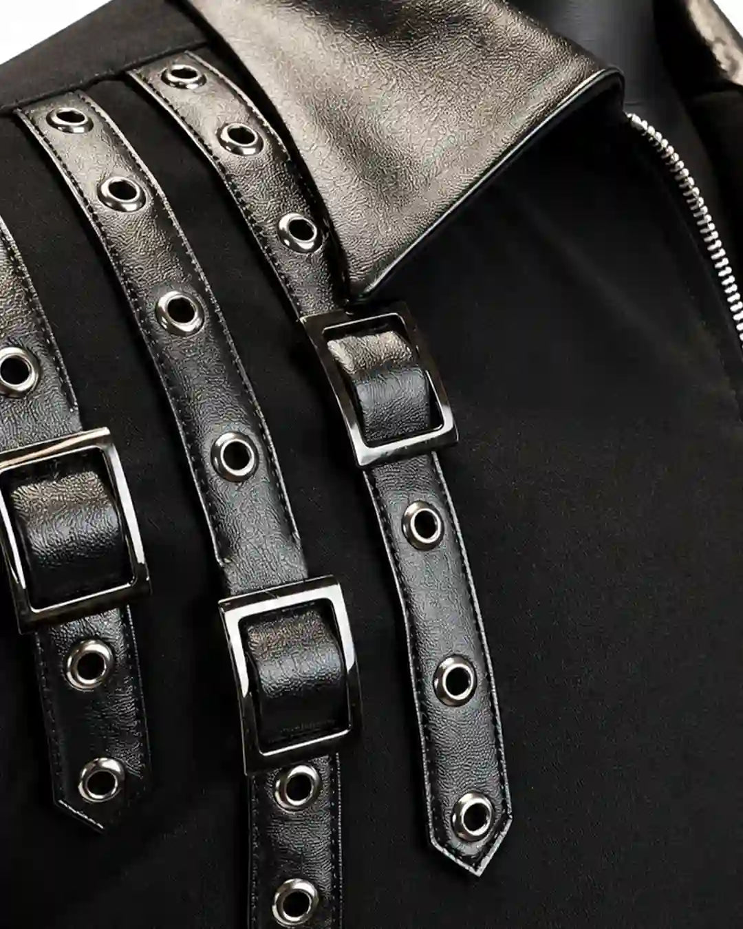 Black Leather Appliqué Buckle Zip Shirt
