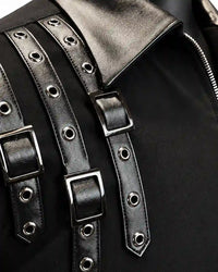 Black Leather Appliqué Buckle Zip Shirt