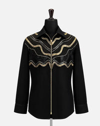 Black gold wave embellished zip designer shirt for men - Desire by Bharat Ahuja