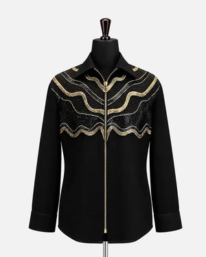 Black Gold Wave Embellished Zip Shirt
