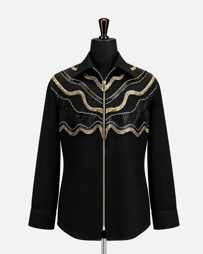 Black Gold Wave Embellished Zip Shirt