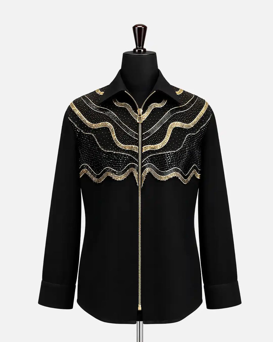 Black gold wave embellished zip designer shirt for men - Desire by Bharat Ahuja - Desire by Bharat Ahuja