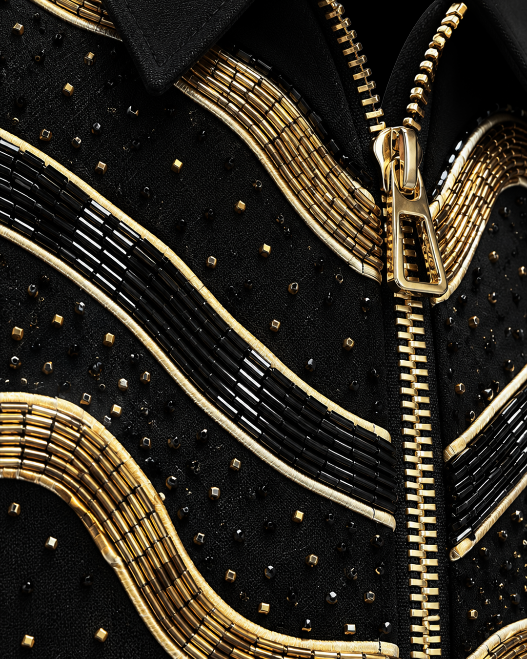 Black Gold Wave Embellished Zip Shirt