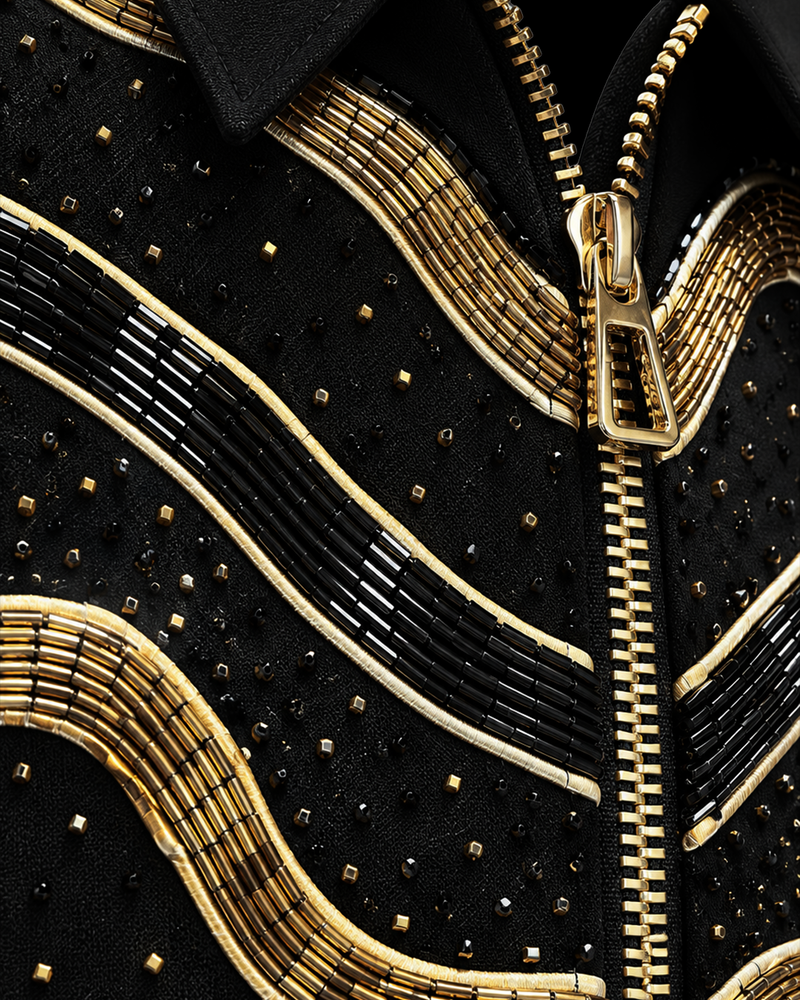 Black Gold Wave Embellished Zip Shirt
