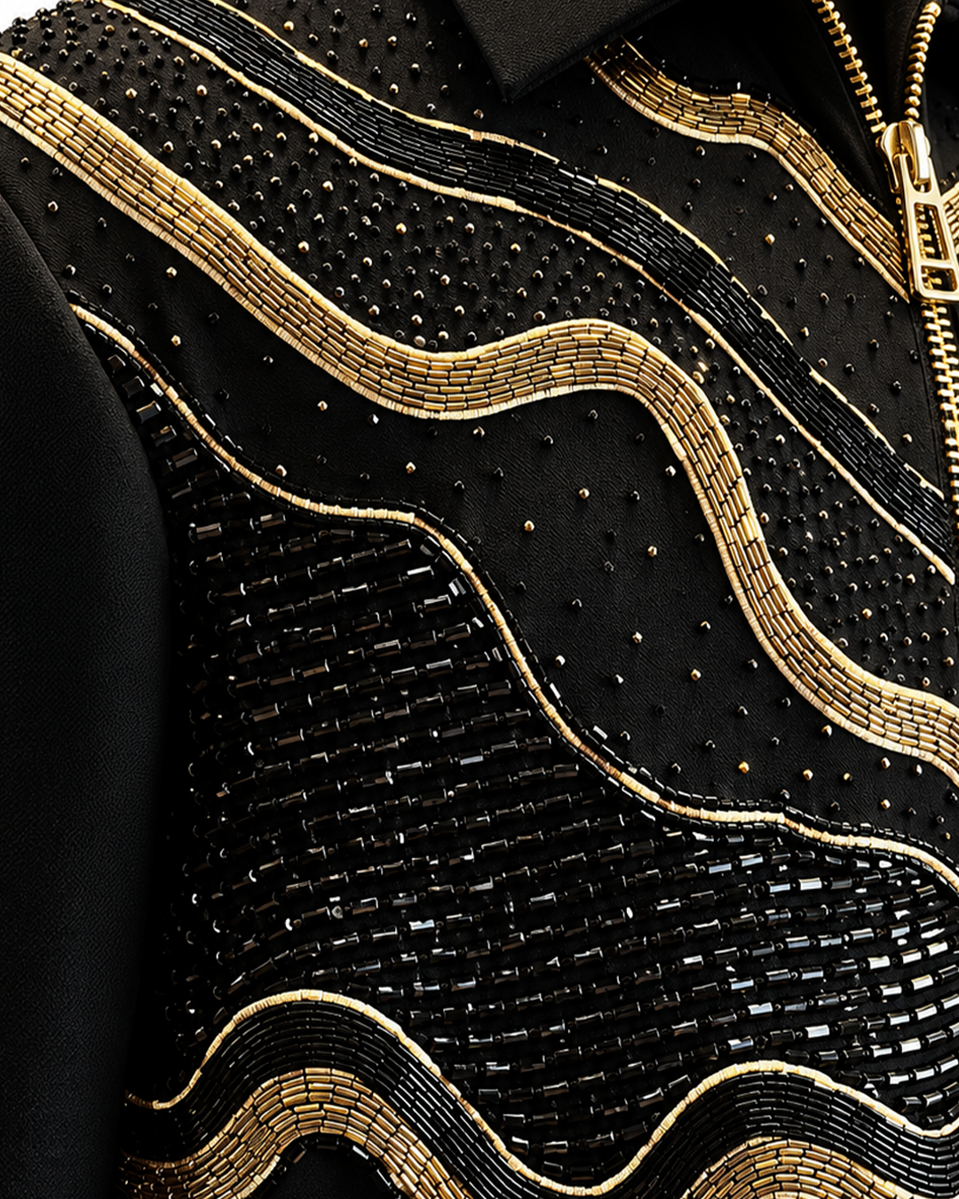 Black Gold Wave Embellished Zip Shirt
