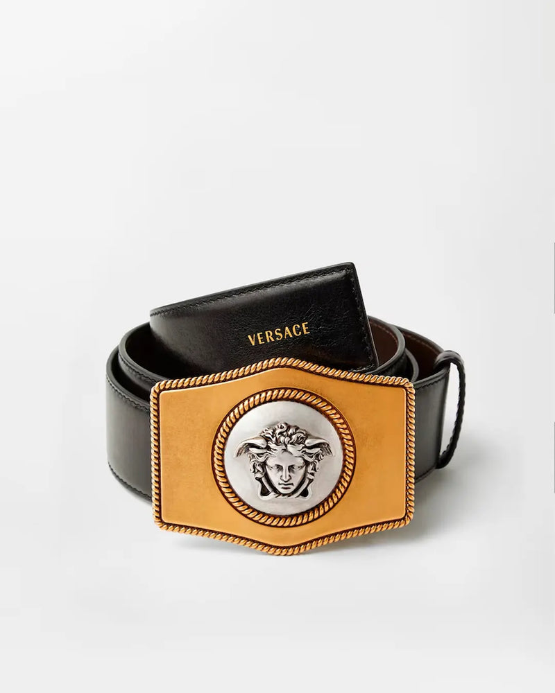 Black Leather Medusa Statement Belt