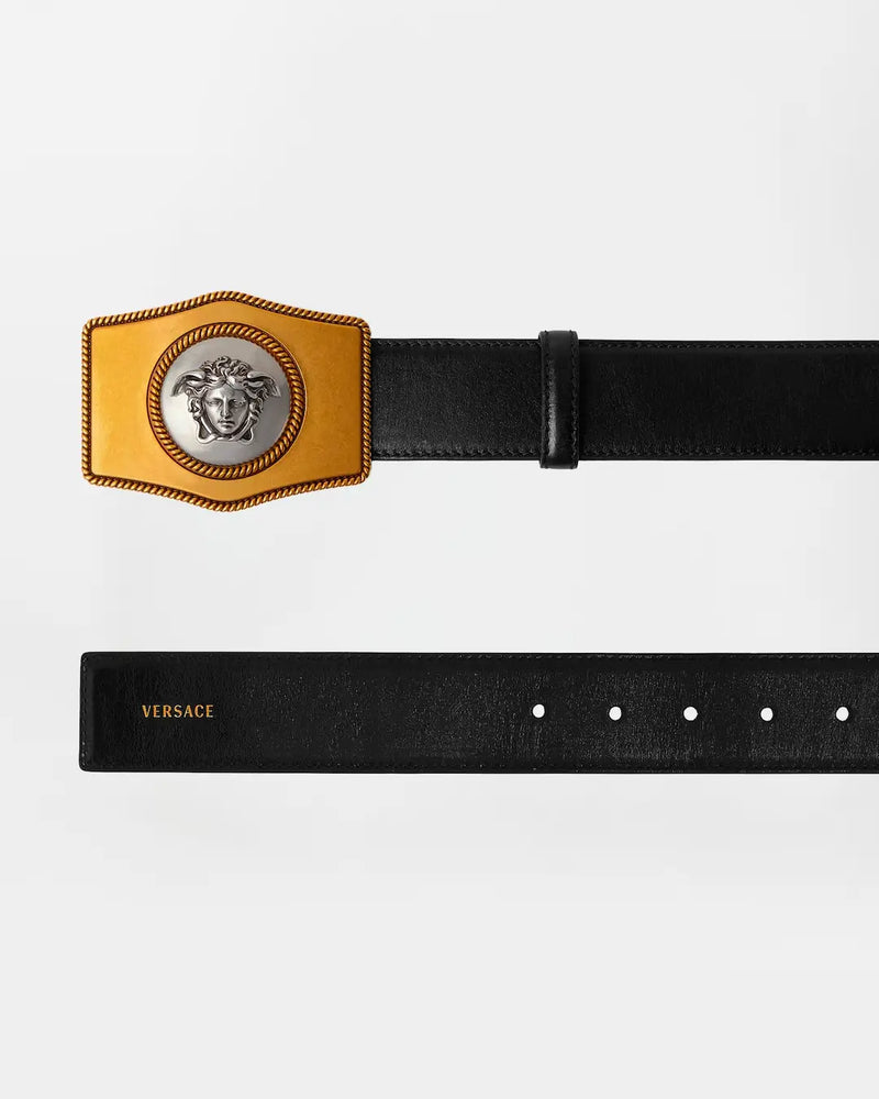 Black Leather Medusa Statement Belt